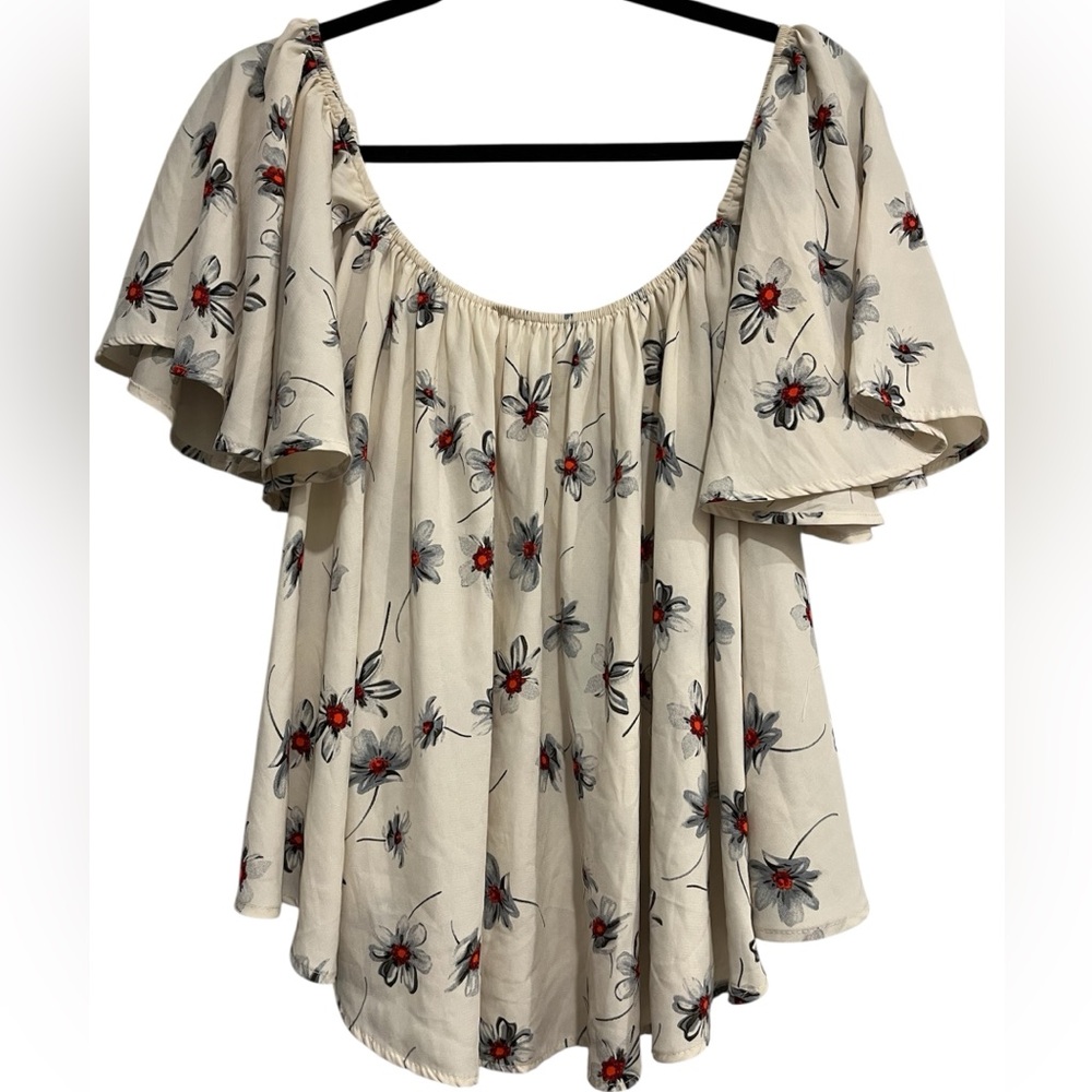 Cottagecore Floral Cream Women's Top Flutter Sleeves Elasticized Neck Boho Sz S